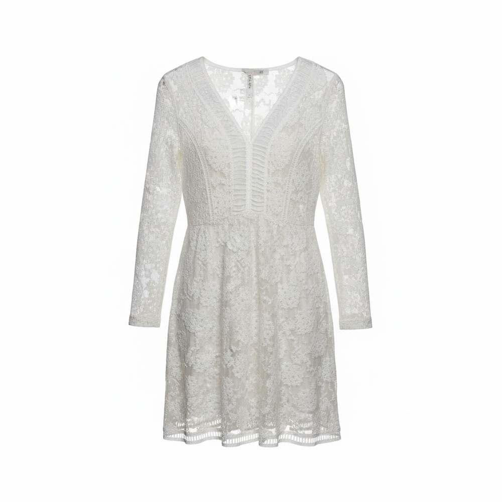 Mür Mür White Lace V-Neck Long Sleeve Mini Dress